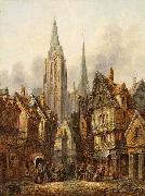 Pieter Cornelis Dommersen A gothic cathedral in a medieval city oil painting